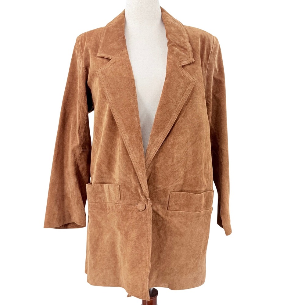 Hunters Run Vintage Cognac Brown Genuine Suede Leather Longline Blazer Jacket L‎